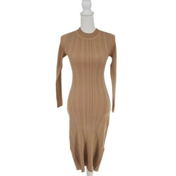 Petal & Pup NEW Milleri Long Sleeve Open Back Ribbed Dress in Camel Tan Size 4 - Picture 4 of 12